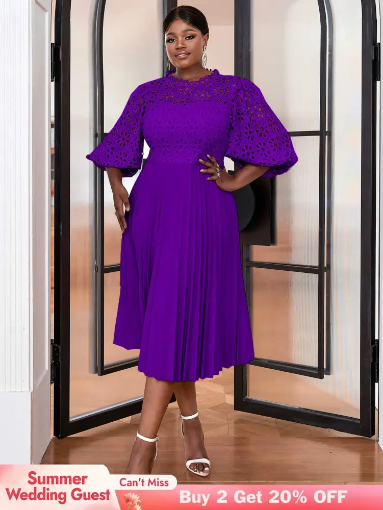 AOMEIDRESS Lace Patchwork Lantern Sleeves Hollow Out Pleated Dress Purple / S