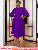 AOMEIDRESS Lace Patchwork Lantern Sleeves Hollow Out Pleated Dress Purple / S
