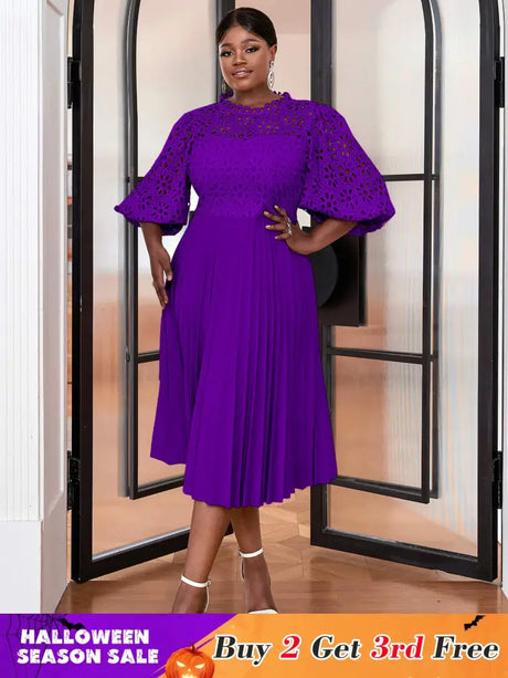 AOMEIDRESS Lace Patchwork Lantern Sleeves Hollow Out Pleated Dress Purple / S