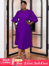 AOMEIDRESS Lace Patchwork Lantern Sleeves Hollow Out Pleated Dress Purple / S