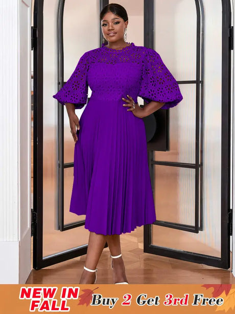 AOMEIDRESS Lace Patchwork Lantern Sleeves Hollow Out Pleated Dress Purple / S