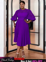 AOMEIDRESS Lace Patchwork Lantern Sleeves Hollow Out Pleated Dress Purple / S
