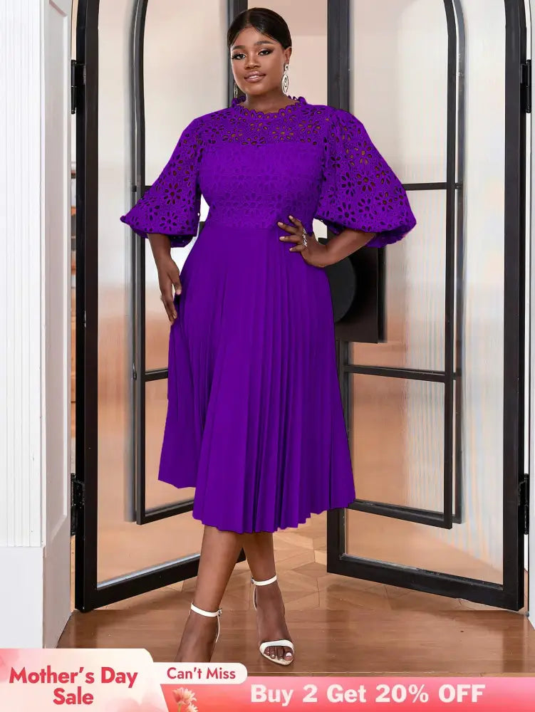 AOMEIDRESS Lace Patchwork Lantern Sleeves Hollow Out Pleated Dress Purple / S