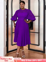 AOMEIDRESS Lace Patchwork Lantern Sleeves Hollow Out Pleated Dress Purple / S