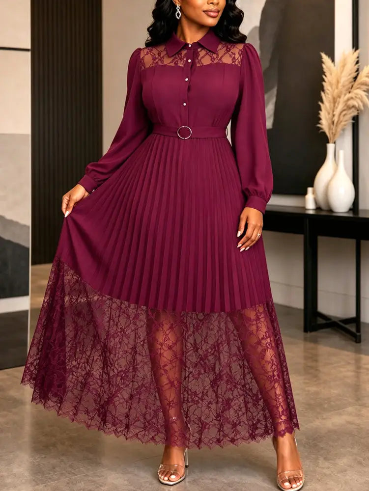 AOMEIDRESS Lace Pleated Dress Turn Down Collar Lantern Sleeve Button