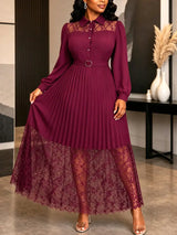AOMEIDRESS Lace Pleated Dress Turn Down Collar Lantern Sleeve Button