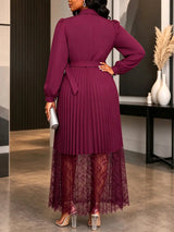 AOMEIDRESS Lace Pleated Dress Turn Down Collar Lantern Sleeve Button
