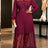 AOMEIDRESS Lace Pleated Dress Turn Down Collar Lantern Sleeve Button - Wine / S