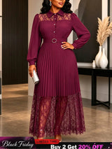 AOMEIDRESS Lace Pleated Dress Turn Down Collar Lantern Sleeve Button - Wine / S