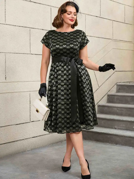 AOMEIDRESS Retro Lace Short Sleeve A Line Dress Black 50s Vintage Style

