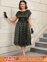 AOMEIDRESS Lace Short Sleeve A Line Dress Black 1950s Style

