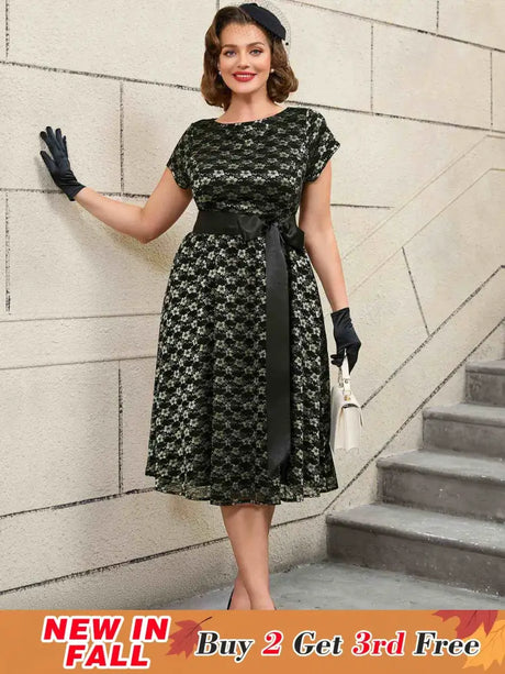 AOMEIDRESS Lace Short Sleeve A Line Dress Black 1950s Style
