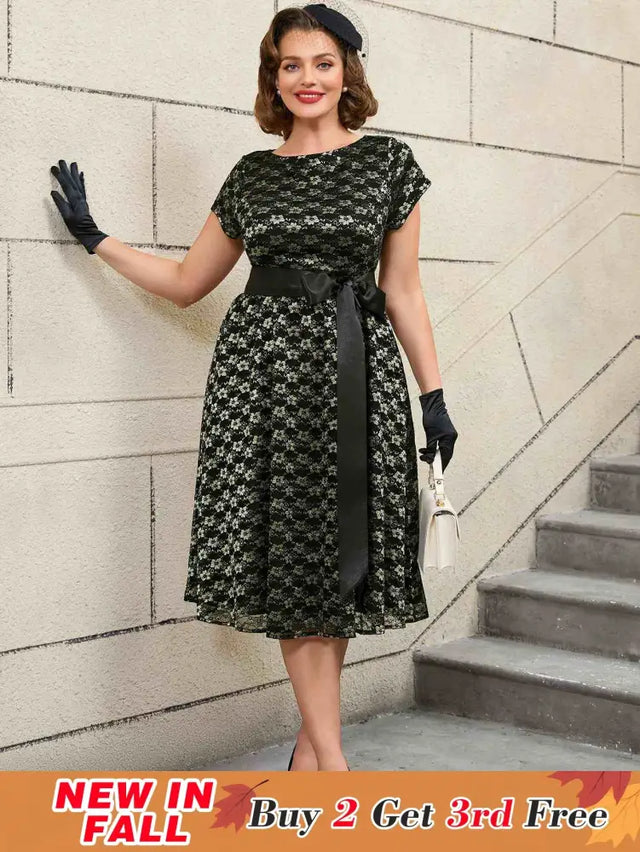 AOMEIDRESS Lace Short Sleeve A Line Dress Black 1950s Style
