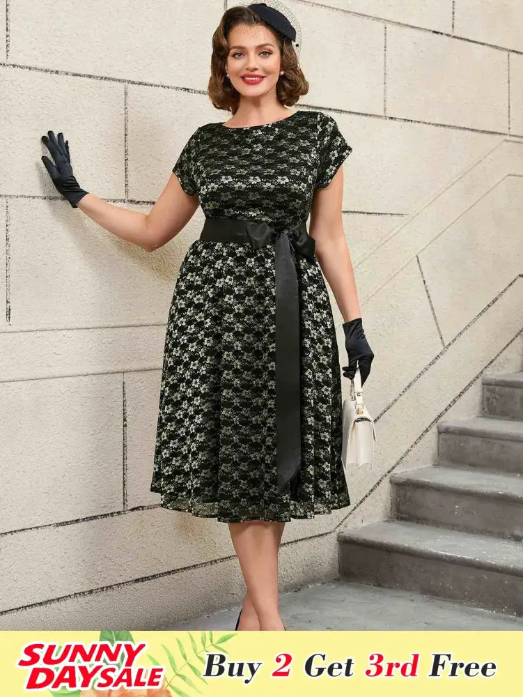 AOMEIDRESS Lace Short Sleeve A Line Dress Black 1950s Style
