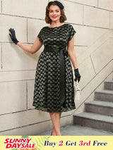 AOMEIDRESS Lace Short Sleeve A Line Dress Black 1950s Style
