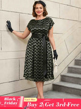 AOMEIDRESS Lace Short Sleeve A Line Dress Black 1950s Style
