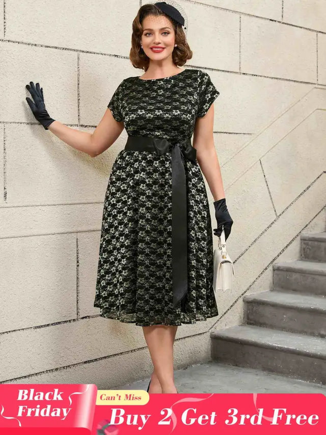 AOMEIDRESS Lace Short Sleeve A Line Dress Black 1950s Style
