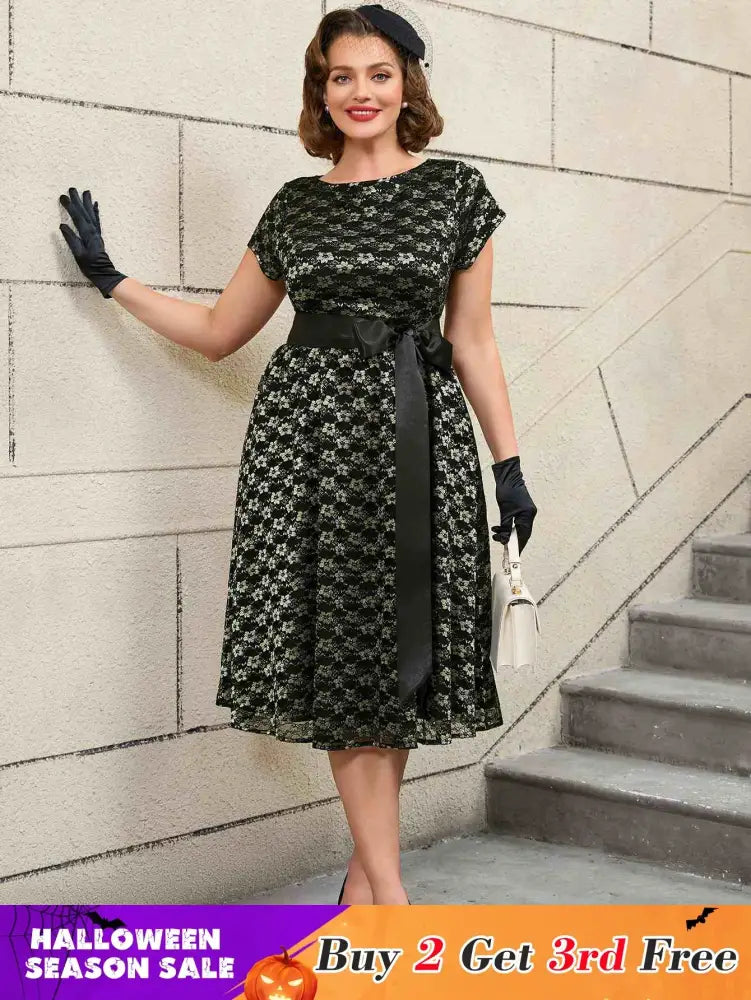 AOMEIDRESS Lace Short Sleeve A Line Dress Black 1950s Style
