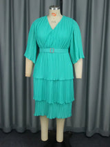 AOMEIDRESS Lake Green A Line Cake Dress Pearl Chiffon V Neck Pleated