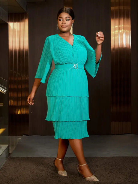 AOMEIDRESS Lake Green A Line Cake Dress Pearl Chiffon V Neck Pleated