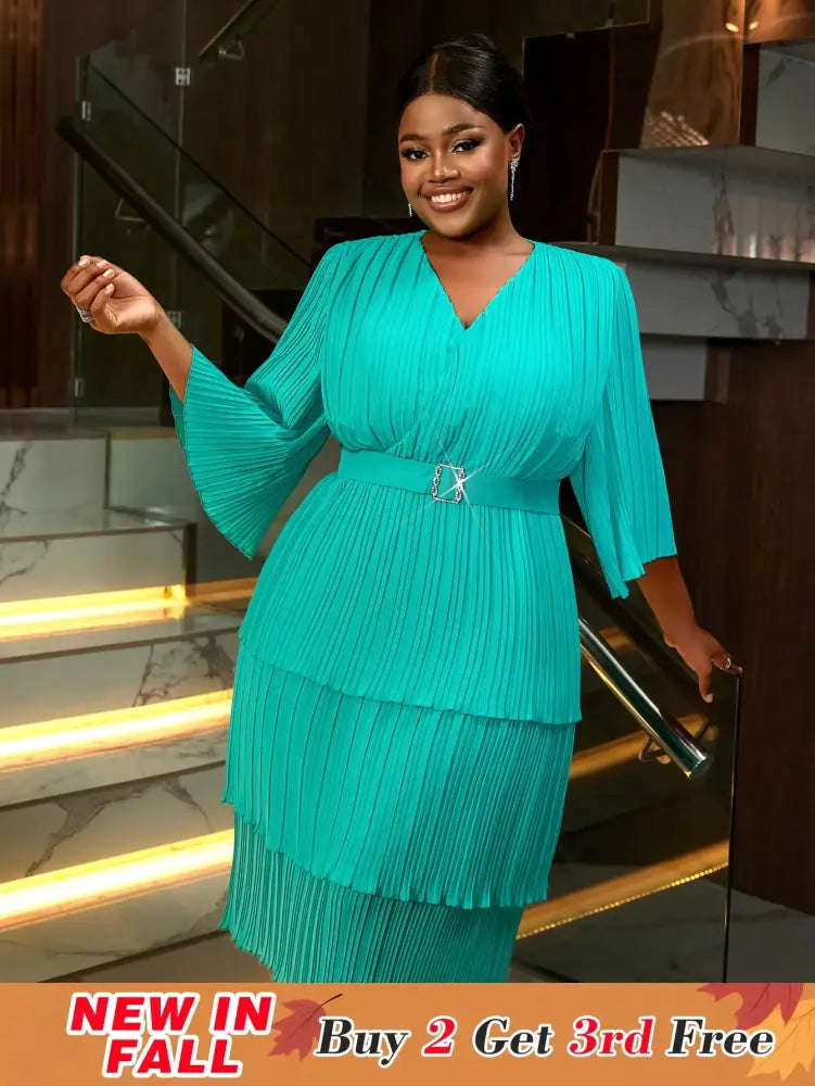 AOMEIDRESS Lake Green A Line Cake Dress Pearl Chiffon V Neck Pleated Green / S