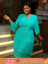 AOMEIDRESS Lake Green A Line Cake Dress Pearl Chiffon V Neck Pleated Green / S