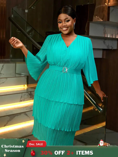 AOMEIDRESS Lake Green A Line Cake Dress Pearl Chiffon V Neck Pleated Green / S