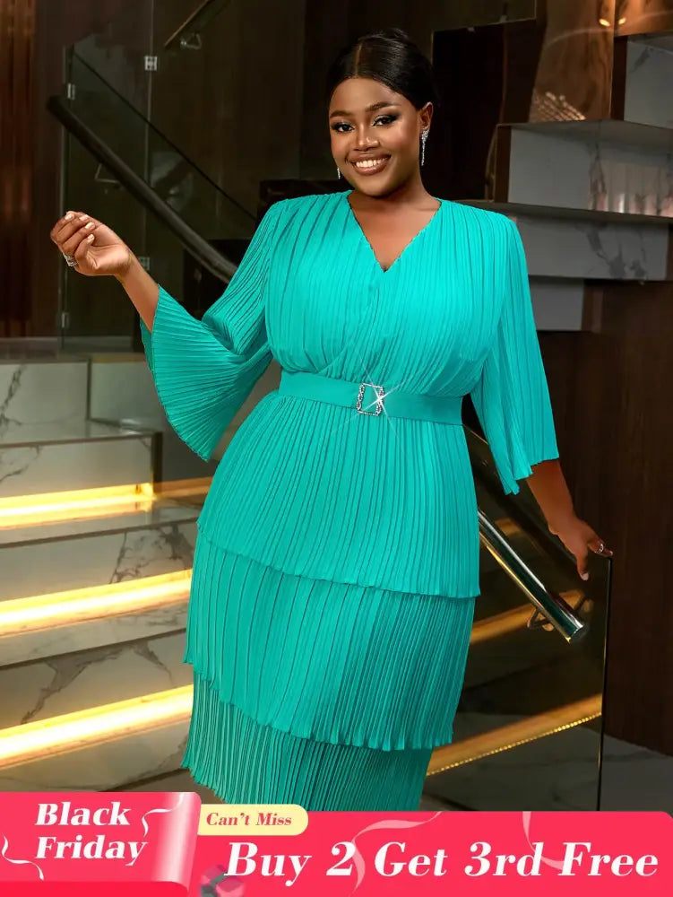 AOMEIDRESS Lake Green A Line Cake Dress Pearl Chiffon V Neck Pleated Green / S