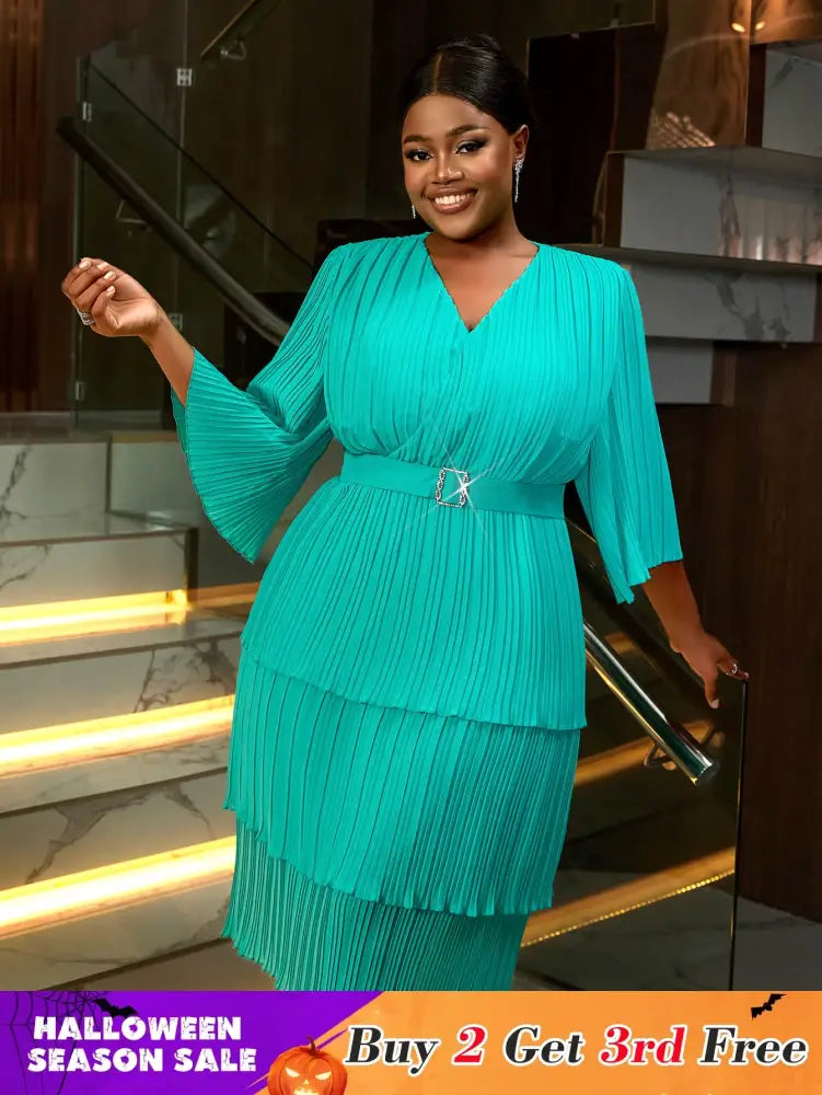 AOMEIDRESS Lake Green A Line Cake Dress Pearl Chiffon V Neck Pleated Green / S