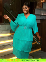 AOMEIDRESS Lake Green A Line Cake Dress Pearl Chiffon V Neck Pleated Green / S