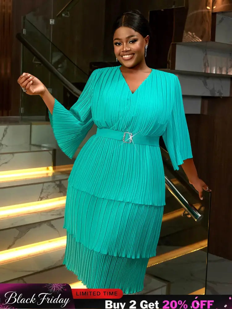 AOMEIDRESS Lake Green A Line Cake Dress Pearl Chiffon V Neck Pleated Green / S
