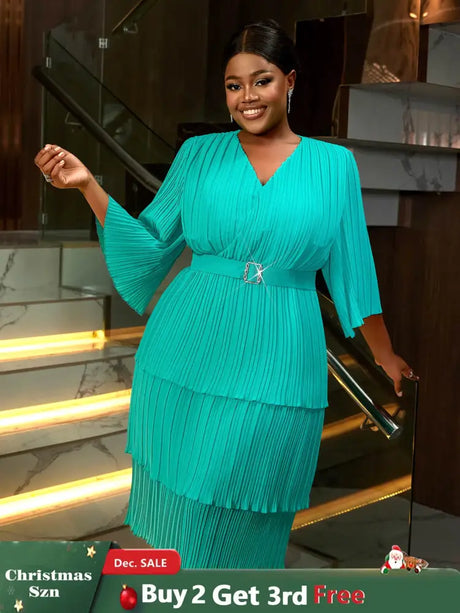 AOMEIDRESS Lake Green A Line Cake Dress Pearl Chiffon V Neck Pleated Green / S