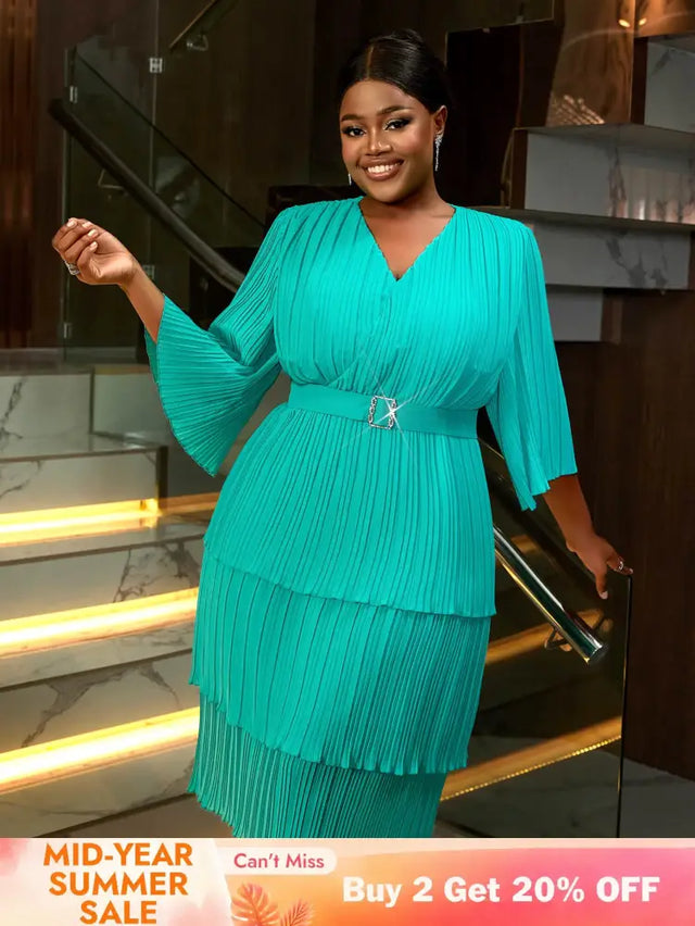 AOMEIDRESS Lake Green A Line Cake Dress Pearl Chiffon V Neck Pleated Green / S