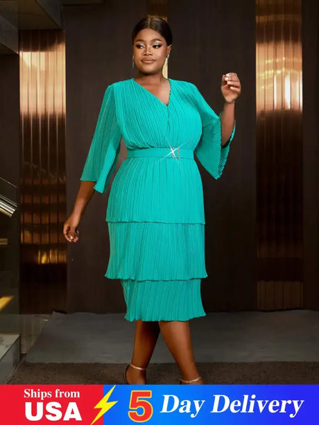AOMEIDRESS Lake Green A Line Cake Dress Pearl Chiffon V Neck Pleated