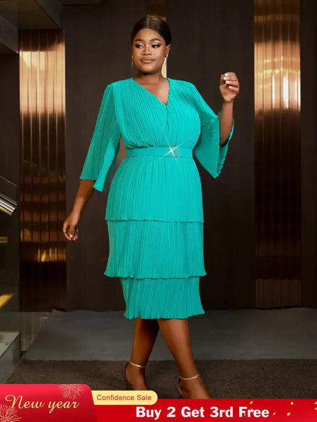 AOMEIDRESS Lake Green A Line Cake Dress Pearl Chiffon V Neck Pleated