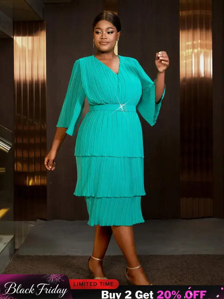 AOMEIDRESS Lake Green A Line Cake Dress Pearl Chiffon V Neck Pleated