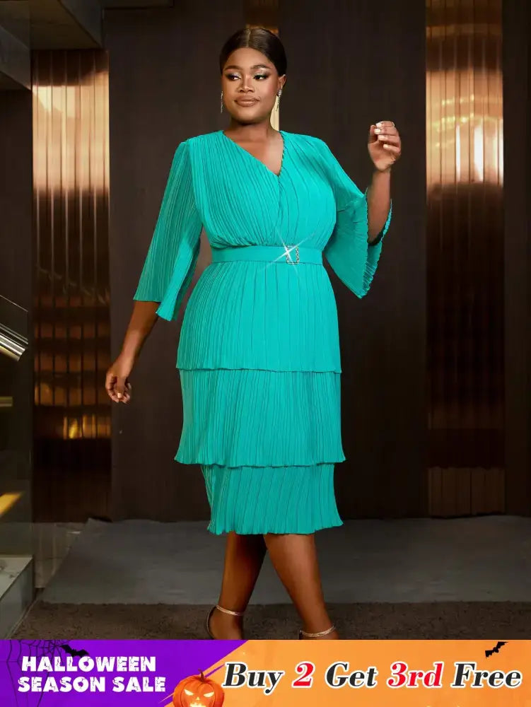 AOMEIDRESS Lake Green A Line Cake Dress Pearl Chiffon V Neck Pleated