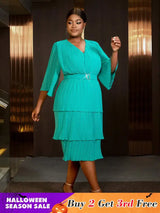 AOMEIDRESS Lake Green A Line Cake Dress Pearl Chiffon V Neck Pleated
