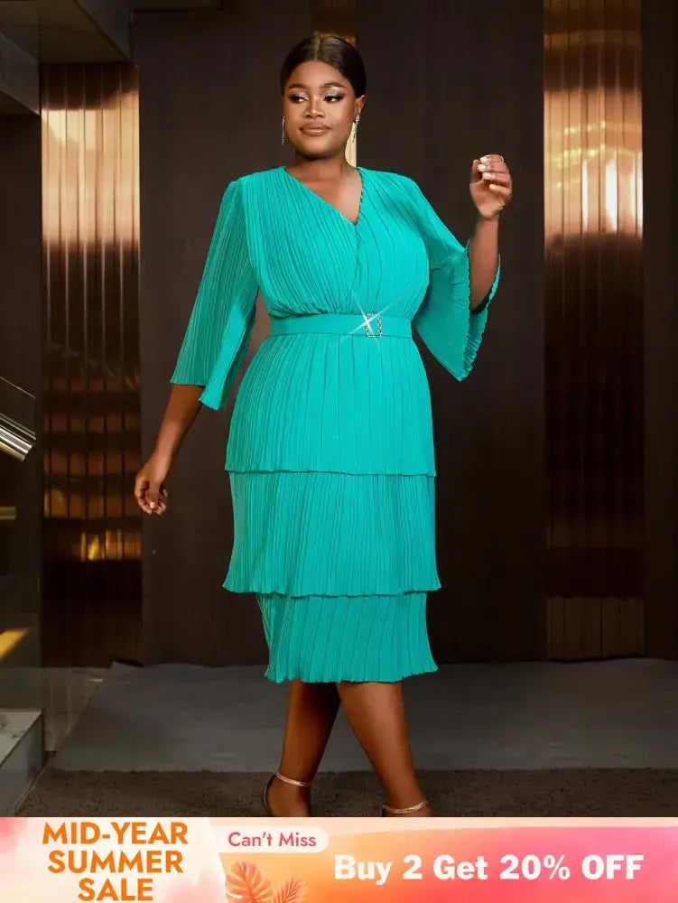 AOMEIDRESS Lake Green A Line Cake Dress Pearl Chiffon V Neck Pleated