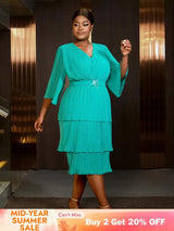 AOMEIDRESS Lake Green A Line Cake Dress Pearl Chiffon V Neck Pleated