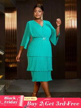 AOMEIDRESS Lake Green A Line Cake Dress Pearl Chiffon V Neck Pleated