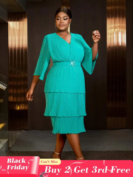 AOMEIDRESS Lake Green A Line Cake Dress Pearl Chiffon V Neck Pleated