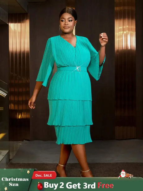 AOMEIDRESS Lake Green A Line Cake Dress Pearl Chiffon V Neck Pleated