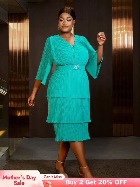 AOMEIDRESS Lake Green A Line Cake Dress Pearl Chiffon V Neck Pleated