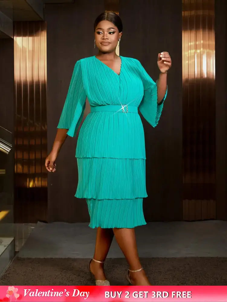 AOMEIDRESS Lake Green A Line Cake Dress Pearl Chiffon V Neck Pleated