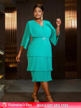 AOMEIDRESS Lake Green A Line Cake Dress Pearl Chiffon V Neck Pleated