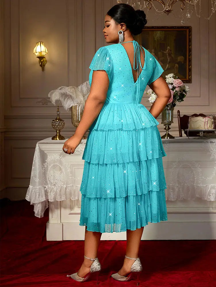 AOMEIDRESS LakeBlue Shiny Sequins A Line Cake Dress V Neck High Waist