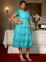 AOMEIDRESS LakeBlue Shiny Sequins A Line Cake Dress V Neck High Waist