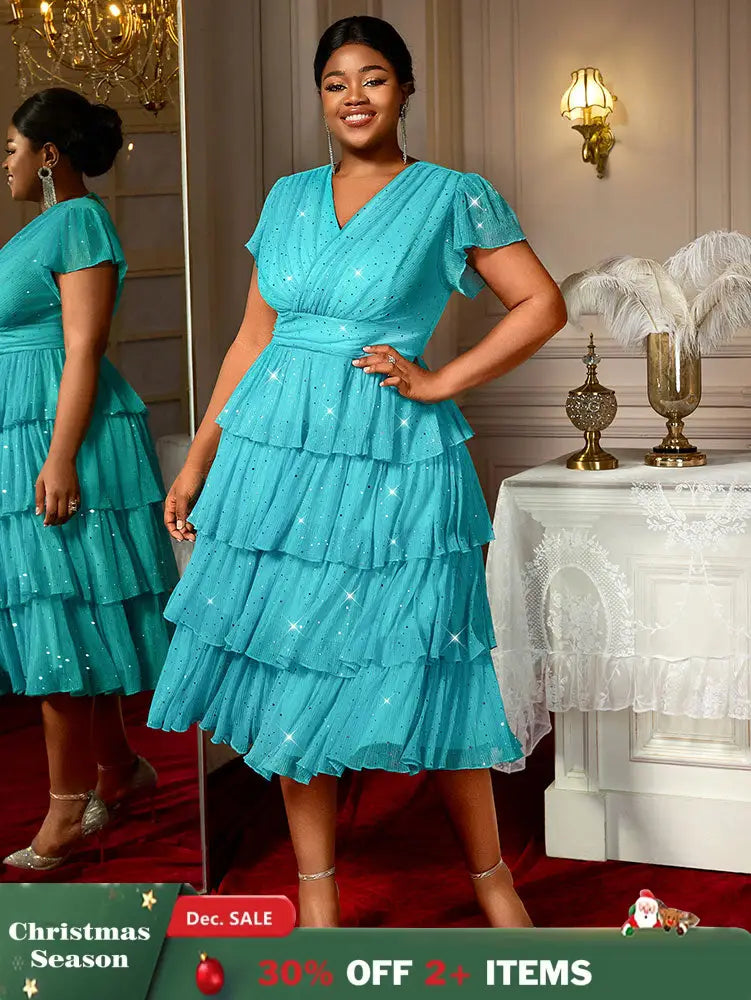 AOMEIDRESS LakeBlue Shiny Sequins A Line Cake Dress V Neck High Waist LakeBlue / S