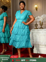 AOMEIDRESS LakeBlue Shiny Sequins A Line Cake Dress V Neck High Waist LakeBlue / S